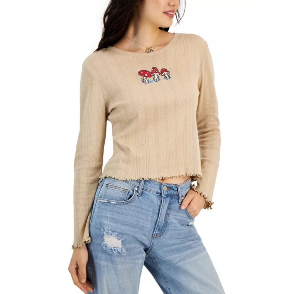 Rebellious One Mushroom Embroidered Knit Top Size XS Cropped Long Sleeve Neutral